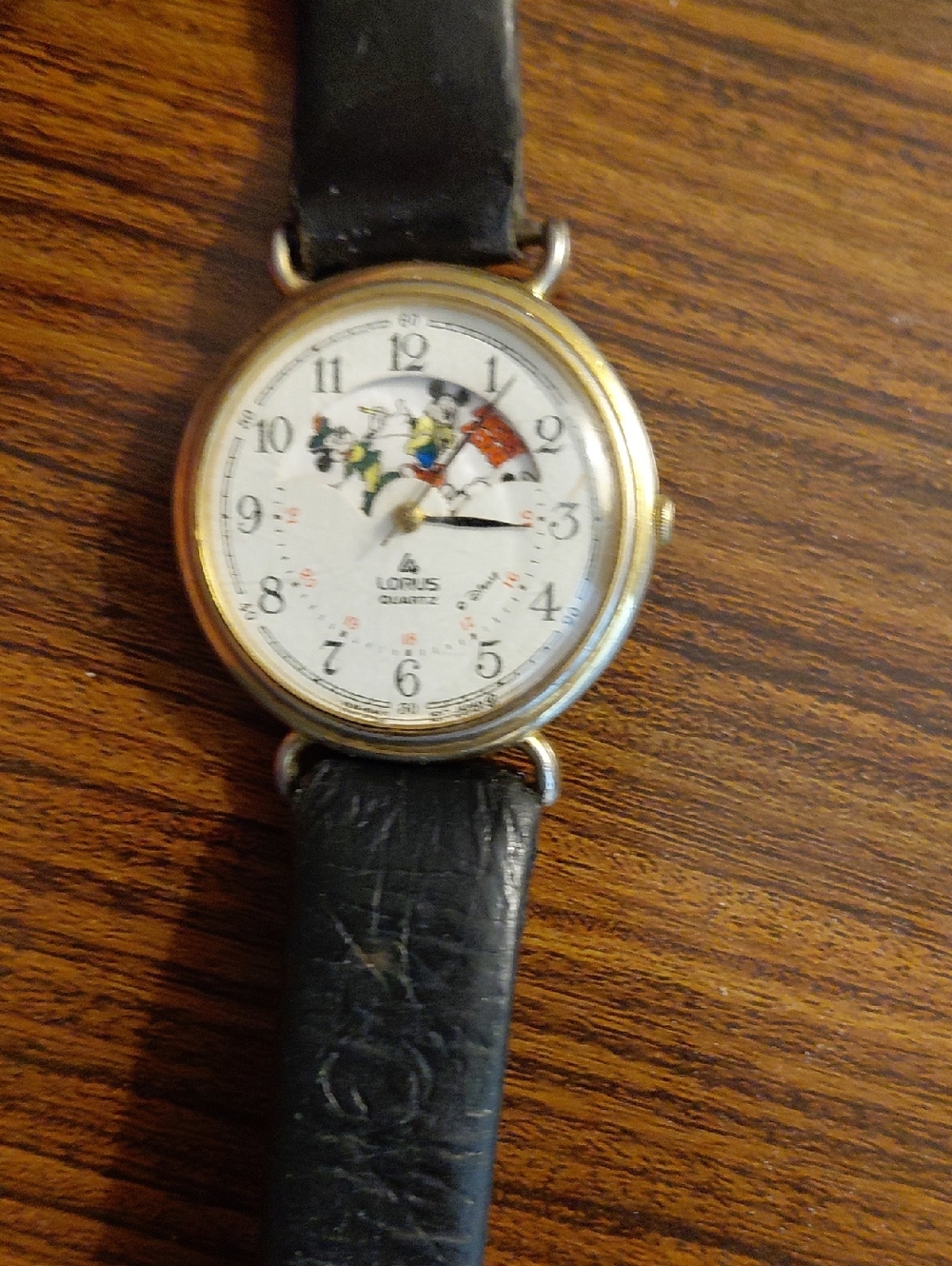 Lorus Disney Mickey Mouse Gold-Tone Watch with Black Leather Strap